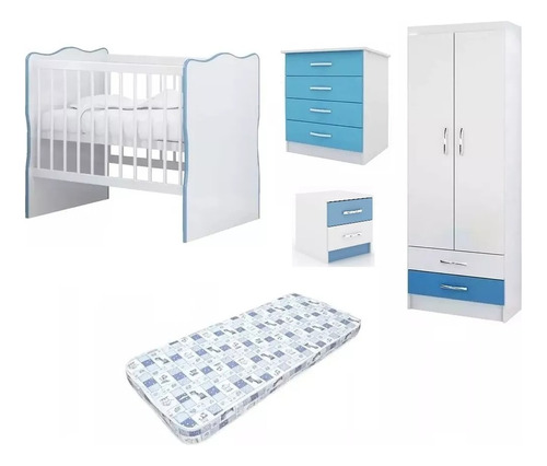 Juego Dormitorio Infantil Azul Ropero Cuna Cómoda Colchón