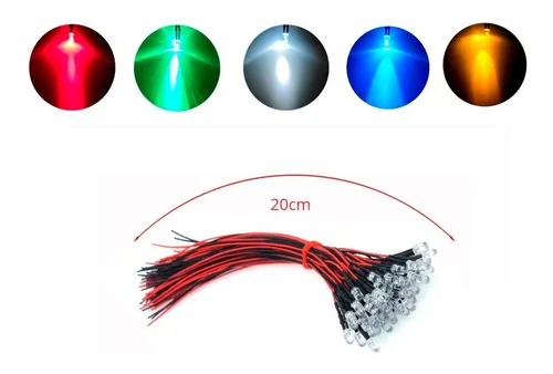 Led Diodo 10mm Rojo Alto Brillo 12v Con Cable De 20cm