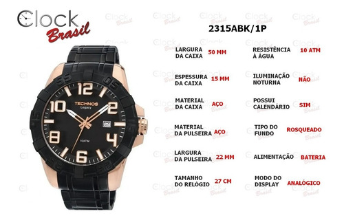Relógio Technos Masculino Classic Legacy 2315abk/1p