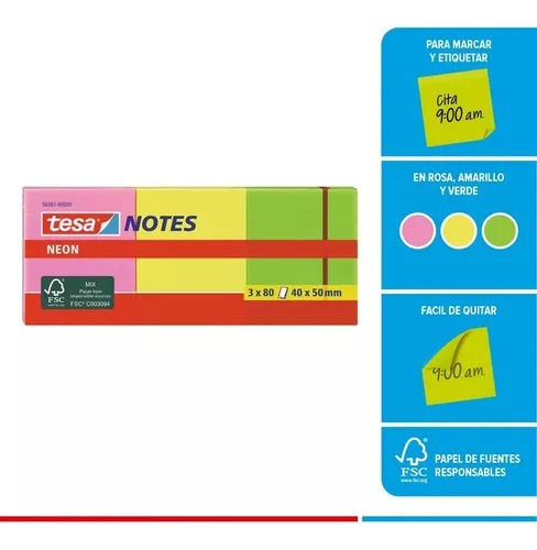 Pack X3 Taco Notas Adhesivas Tesa 40 X 50 Neón X 3 Colores