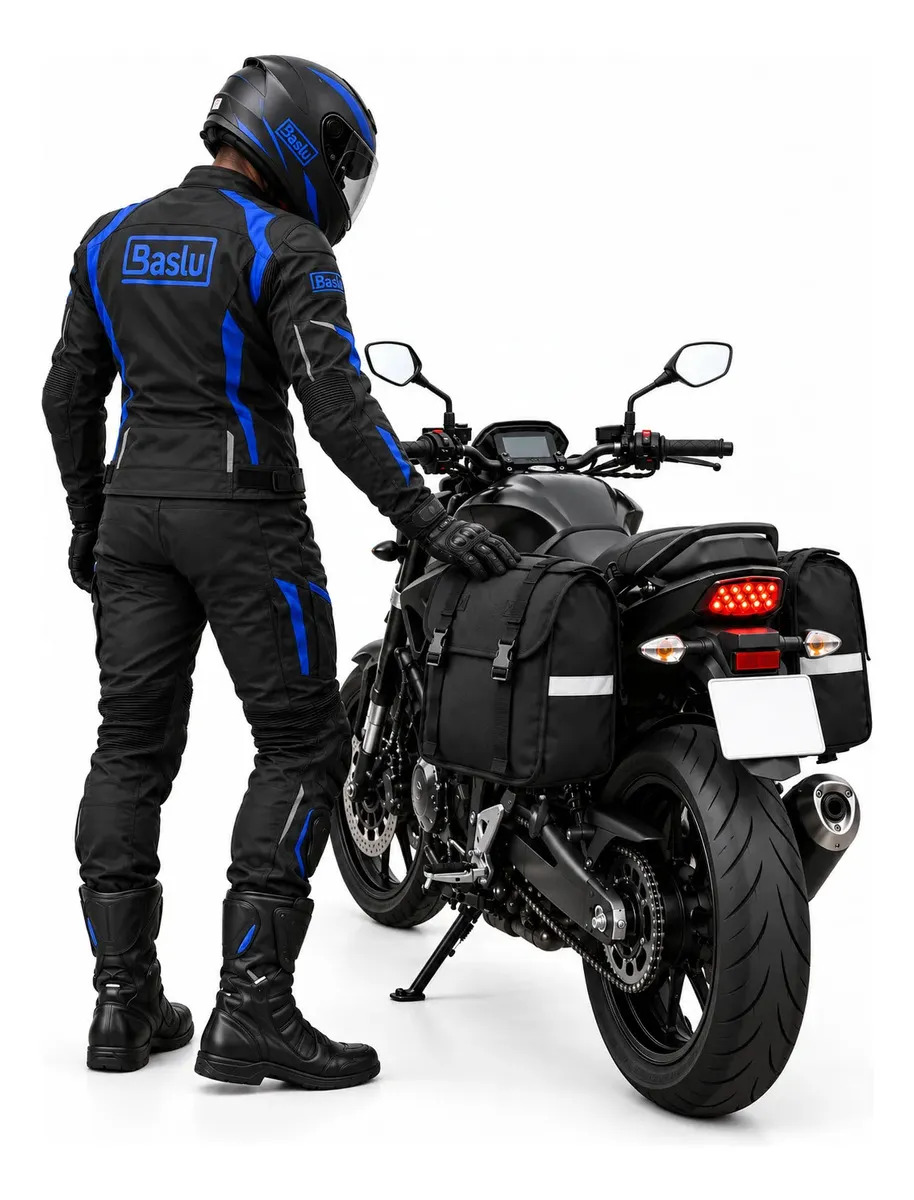 Alforge Lateral Baslu 60L para Moto Universal Preto com Faixas Refletivas