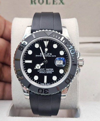 Reloj Rol Yacht Master Negro En Caucho Eta Suizo Grabado 