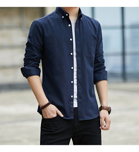 Camisa Para Hombre, Diseño De Dobladillo Con Botones, Algodó