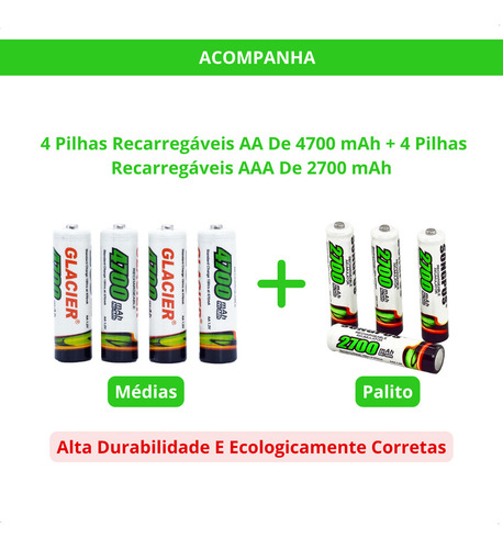 Benvine Kit 8 Pilhas Recarregáveis Aa/aaa + Carregador Rápido