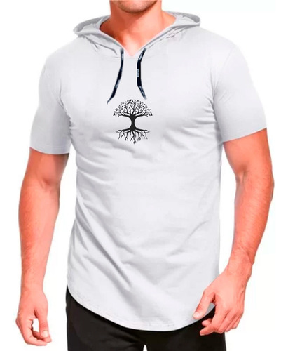 Camiseta Com Capuz Estampa Árvore Longline Masculina Natural