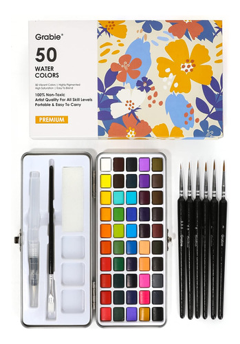 Grabie Juego Pintura Acuarela 50 Color Pincel Detalle Arte