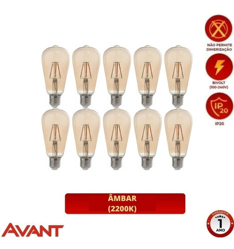 Kit 10 Lâmpada Led Filamento St64 Avant Bi 4w