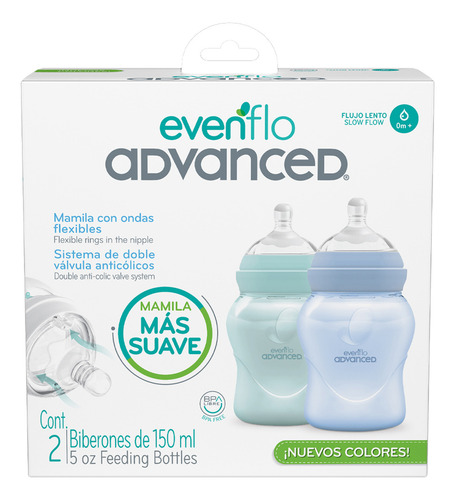 Set De Biberones Evenflo 150ml Flujo Lento 0m+ 2 Piezas Azul Azul Relaxfit