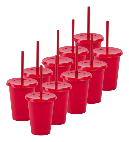 12 Vasos Reusables Tipo Star 12 Oz Con Tapa Plana Rojo
