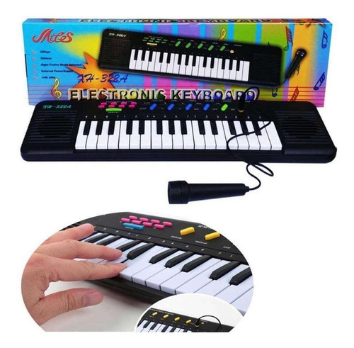 Piano Teclado Musical Infantil Iniciante Microfone Karaoke Cor Preto