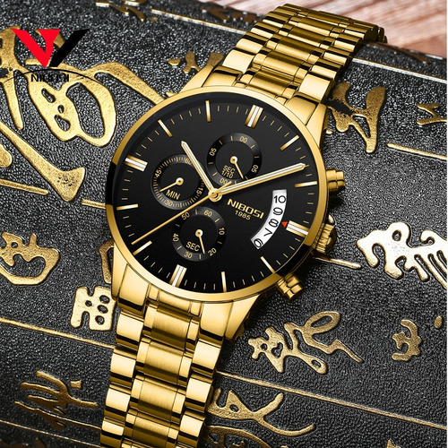 Reloj De Lujo Para Hombres Nibosi Dorado Impermeable