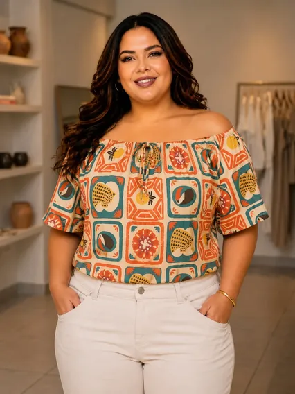 Blusa Feminina Plus Size Ciganinha Estampa Inspiração