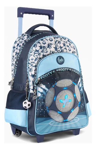 Mochila Carrito 18'' New Champions Celeste Con Luz Led Footy