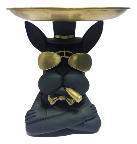 Estatua Decorativa Perro Bulldog Con Sombrero Bandeja Dorada