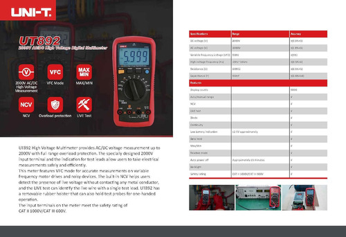 El Multímetro Digital De Alto Voltaje Ut892 2000v Ac/dc Cara