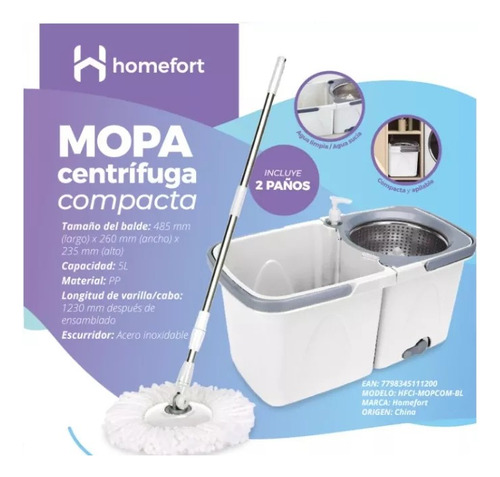 Balde Con Mopa Centrifuga 5l. Escurridor Acero Y Dispenser