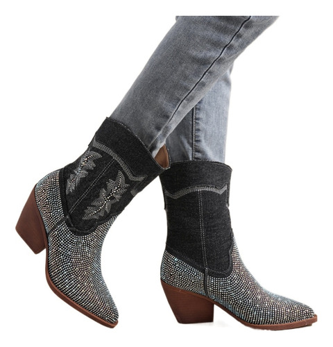 Botas De Aumento De Altura Azul Denim Moda Strass