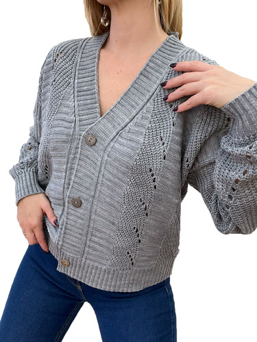 Saco Cardigan Mujer Sweater Botones Tejido Lana Tramado