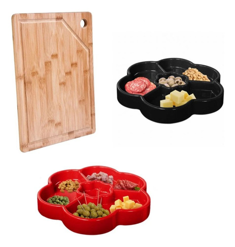 Kit Tabua De Carne 35x25cm + 2 Petisqueiras 23cm Preta E Ver