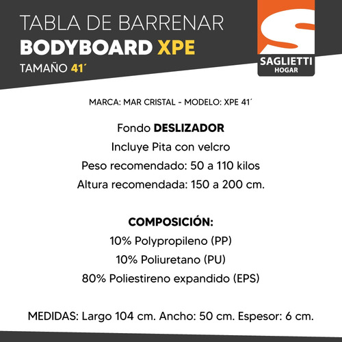 Imagen 3 de 8 de Tabla Barrenar Deslizador Xpe 41' 104 Cm Barrenador Bodysurf