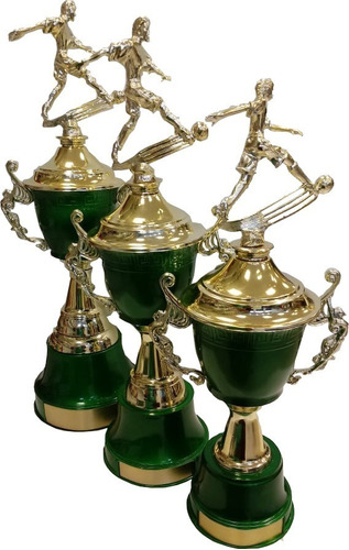 Kit 3 Troféus Futebol Dourado - 1º,2ºe3ºlugar - Base Verde