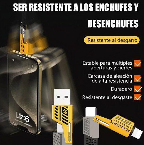 Cable Reforzado Usb Y Usb-c Tipo Ip 4 En 1 Cargador Y Datos