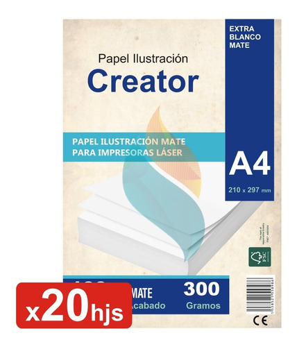 Papel Ilustración 300 Gramos A4 P/ Tarjetas Resma X20 Hojas