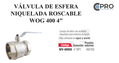 2 Válvula De Esfera Niquelada Roscable Wog 400 4'' P
