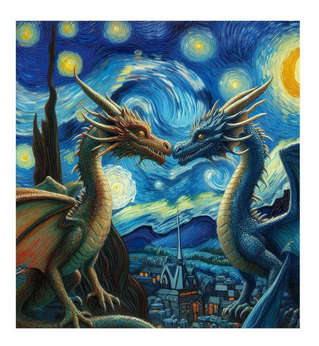 Vinilo 30x30cm Dragon Noche Estrellada Novios Van Gogh