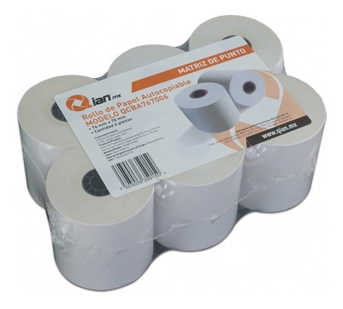 Rollo De Papel Autocopiable Qian Anjet 6 Pzas, 76 Mm X 70 Mm (qcba767006) Color Blanco