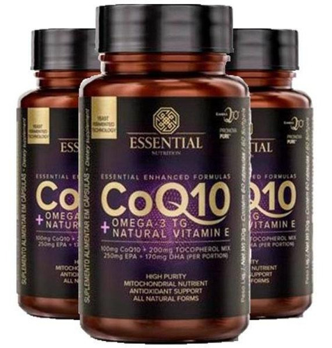 Kit 3 Coenzima Essential Q10 Com Ômega 3 Tg 60 Cápsulas Sabor Vitamina