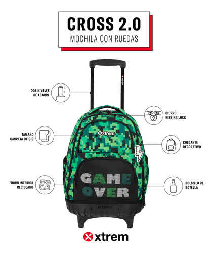 Mochila Con Ruedas Xtrem Cross 2.0 5xt Pixels Verde