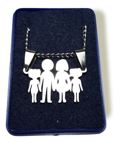 Dije Mama Papa Hija Hija + Cadena Acero Quirúrgico + Estuche Color Plateado
