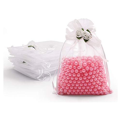 50 Bolsas De Regalo De Organza Blanca Rosa De 5x7 Pulga...