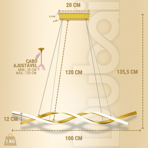 Lustre Pendente Moderno Espiral Dourado Fosco Led Integrado 110v/220v
