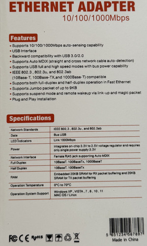 Adaptador Usb A A Red Lan Rj45 Ethernet Gigabit 1000 Mbps