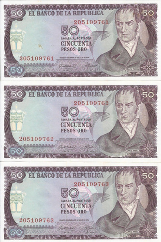 Colombia Trío Números Consecutivos, 50 Pesos 20 Julio 1974