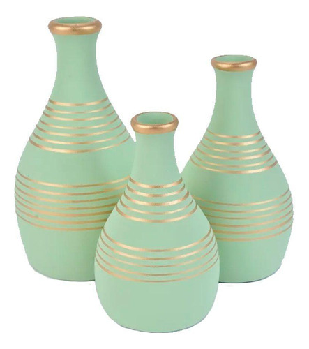 Trio Vasos Garrafas Em Cerâmica Fosca Sala Decor - Mint Gold