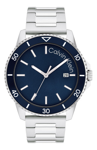 Reloj Calvin Klein Hombre 25200385 Detalles Impresionantes Correa Plata Bisel Azul Fondo Armada