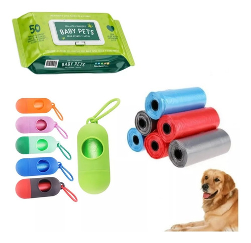 Pack 30 Rollos Bolsa Desecho Mascota + Porta Bolsa Toallitas