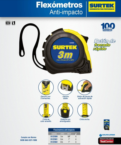 Flexómetro Anti-impacto 3 Metros Hoja Acero Surtek B122080