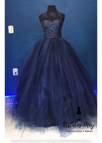 Vestido 15 3 Piezas Corset Micro Tul Bordado Azul Noche