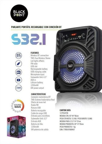 Parlante Portatil S32.1 Luces Led Bluetooth Radio Blackpoint