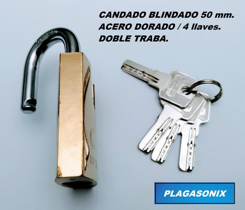 Imagen 7 de 10 de Candado Blindado 50mm 4 Llaves Doble Traba Hierro Dorado
