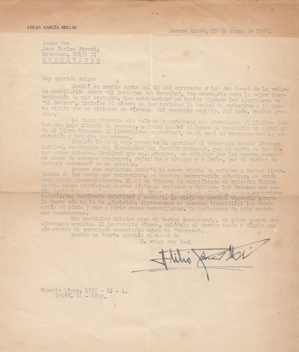 1958 Carta De Atilio Garcia Mellid A Juan Carlos Furest 