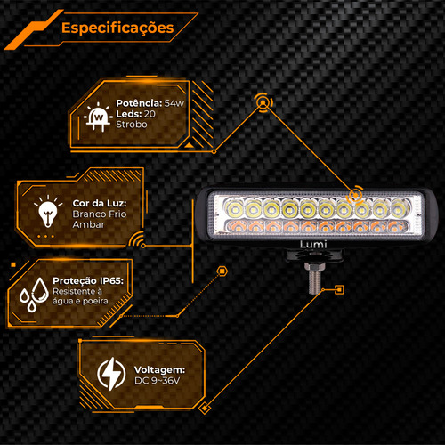 Refletor Projeto Luminaria Farol 54w Cor Da Carcaça Preto Cor Da Luz Branco-frio Ambar 12v 24v Bivolt