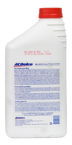 Imagem 3 de 5 de Óleo Sintético Motor Sae 0w20 Dexos 1l Gen2 Acdelco 98550812