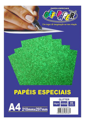 Papel Glitter Gliter A4 180g/m² 5 Folhas Off Paper Verde