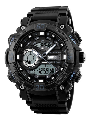Relógio masculino Skmei 1228, alarme digital submersível, cronômetro, cor da malha, cor da moldura preta, cor de fundo preta, branco