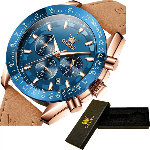 Reloj Cronógrafo Olevs Con Calendario De Cuero Y Esfera Gran Color Del Bisel Rose Blue